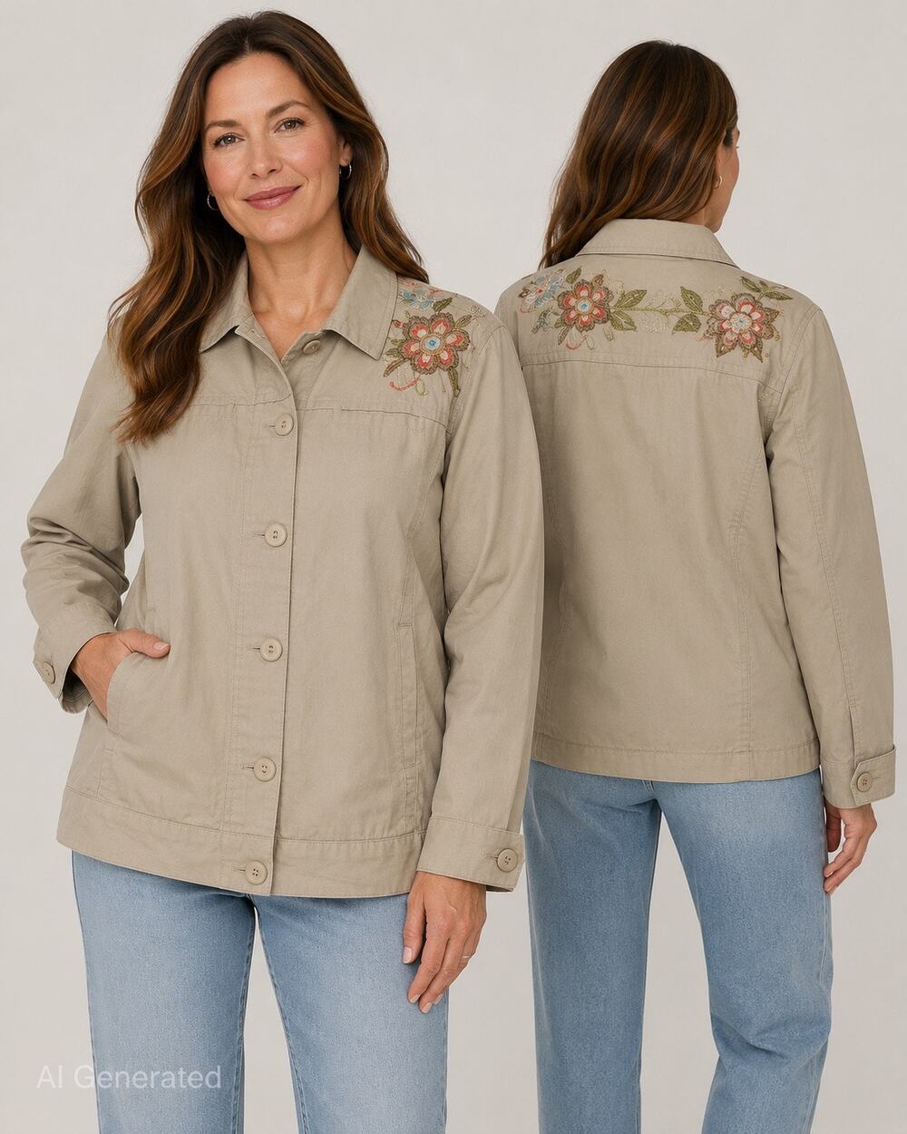 Patchington Women M Beige Floral Embroidered Cotton Stretch Jacket Boho